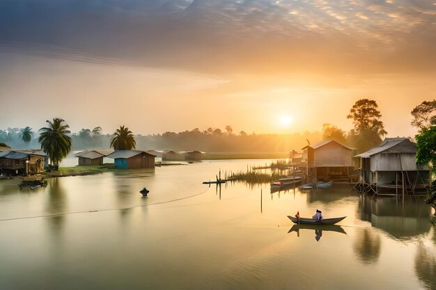 un tramonto su un lago con case e barche