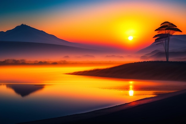 Un tramonto su un lago con le montagne sullo sfondo