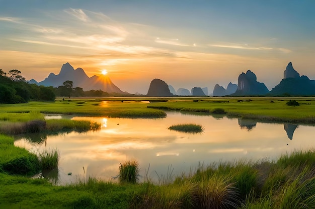 Un tramonto su un lago con le montagne sullo sfondo