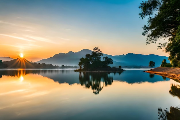 Un tramonto su un lago con le montagne sullo sfondo