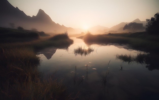 Un tramonto su un lago con le montagne sullo sfondo