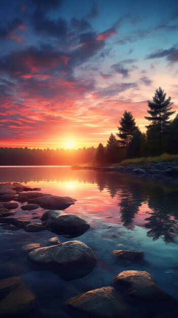 Un tramonto su un lago con le rocce in primo piano
