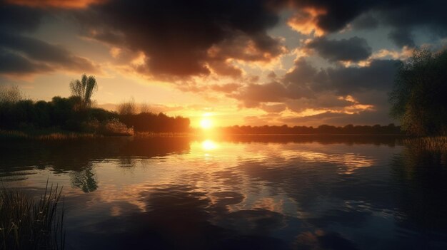 Un tramonto su un lago con nuvole e un tramonto generativo ai