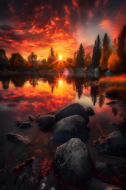 Un tramonto su un lago con rocce e un cielo rosso con il sole che tramonta alle sue spalle.