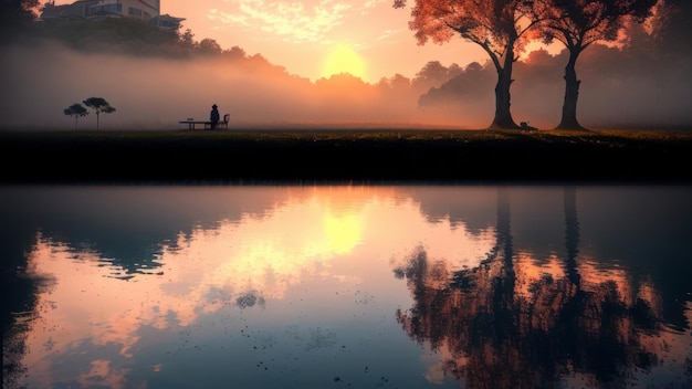 Un tramonto su un lago con un albero e una persona seduta su una panchina.