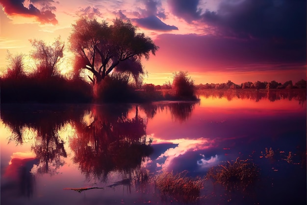 Un tramonto su un lago con un albero in primo piano