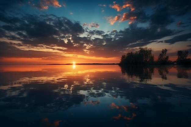 Un tramonto su un lago con un cielo nuvoloso e il sole sta tramontando.