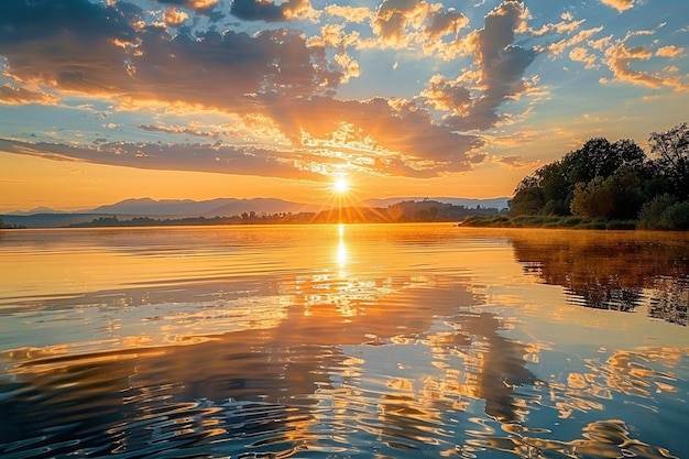 un tramonto su un lago con un tramonto e il sole che si riflette sull'acqua