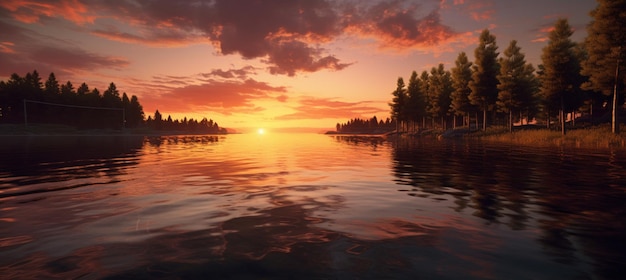 Un tramonto su un lago con un tramonto sullo sfondo.