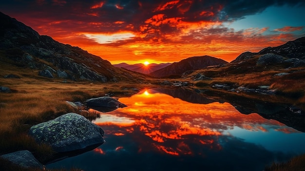 Un tramonto su un lago di montagna con una montagna sullo sfondo