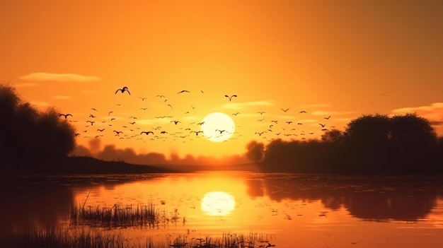 Un tramonto su un lago sorvolato da uno stormo di uccelli.