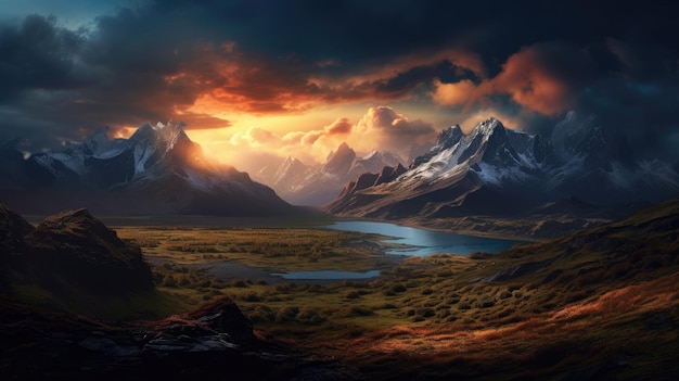 Un tramonto su un paesaggio di montagna con una catena montuosa sullo sfondo.