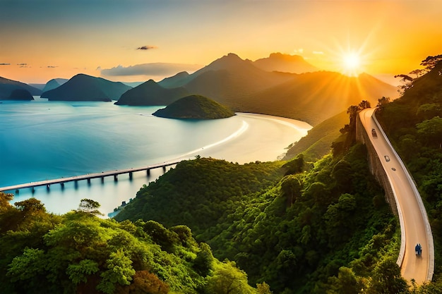 Un tramonto su un paesaggio tropicale con un ponte e montagne sullo sfondo