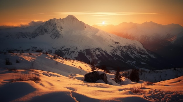 Un tramonto su una catena montuosa innevata