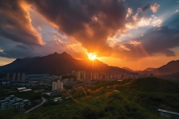 Un tramonto su una città con le montagne sullo sfondo