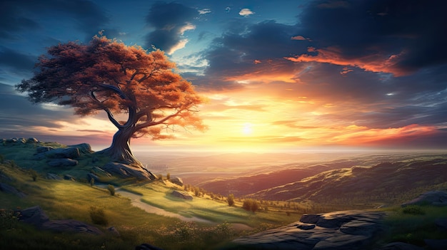 un tramonto su una collina con un albero in cima.