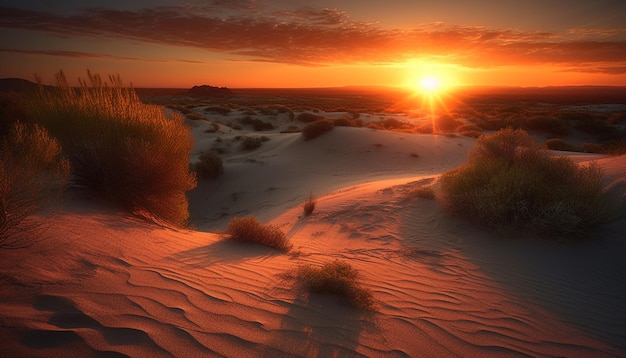 Un tramonto su una duna di sabbia con il sole che tramonta dietro di essa.