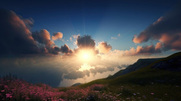 Un tramonto su una montagna con nuvole e fiori