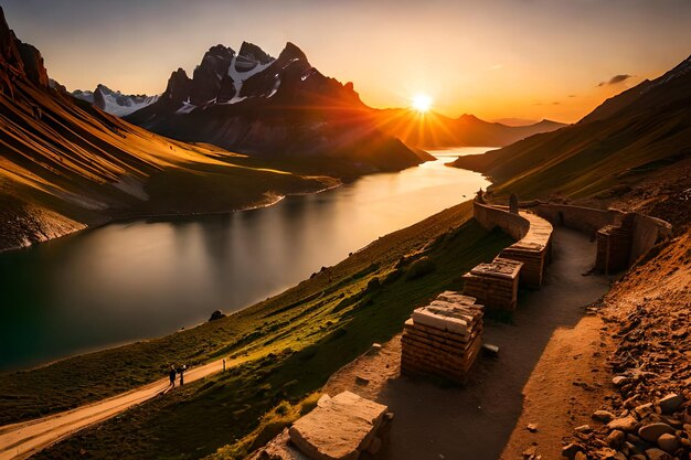 Un tramonto su una montagna con un lago e montagne sullo sfondo