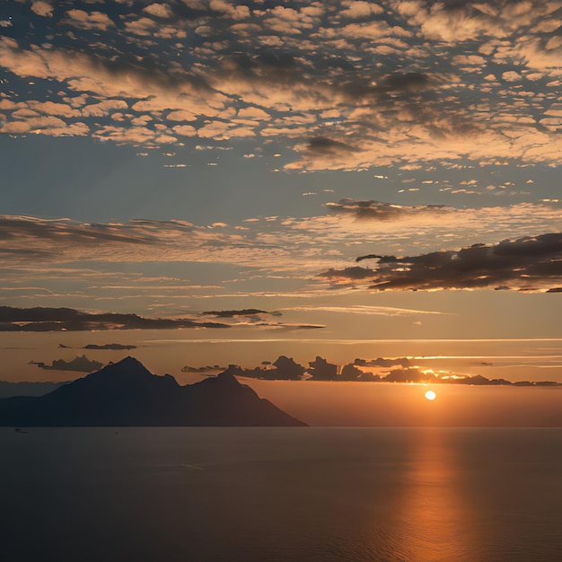 un tramonto su una montagna con una montagna sullo sfondo