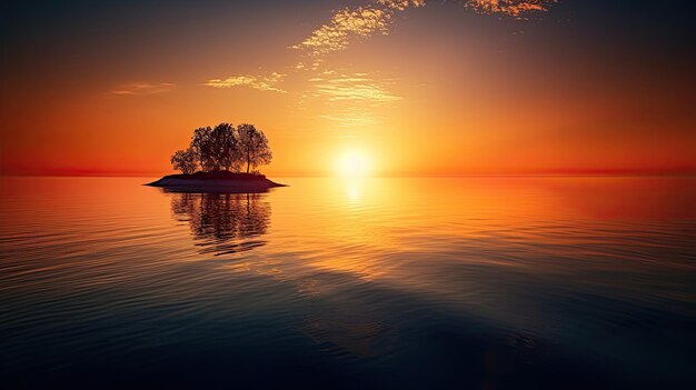 Un tramonto su una piccola isola con alberi su di esso
