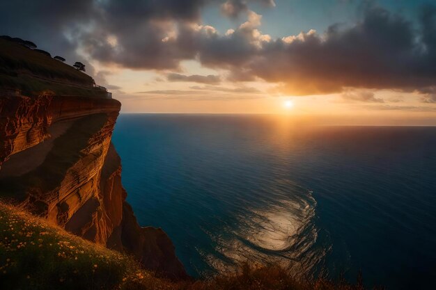 Un tramonto su una scogliera con un uomo in cima