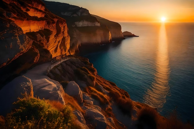 Un tramonto su una scogliera con vista sull'oceano