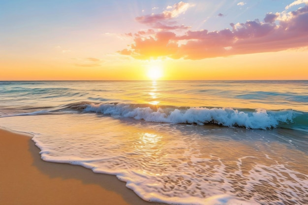 un tramonto su una spiaggia con il sole che tramonta sullo sfondo