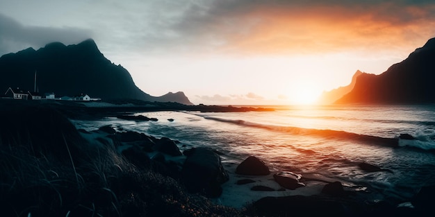 Un tramonto su una spiaggia con le montagne sullo sfondo