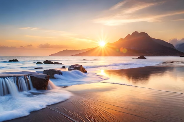 Un tramonto su una spiaggia con le montagne sullo sfondo