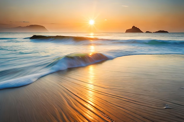 Un tramonto su una spiaggia con onde che si infrangono sulla sabbia