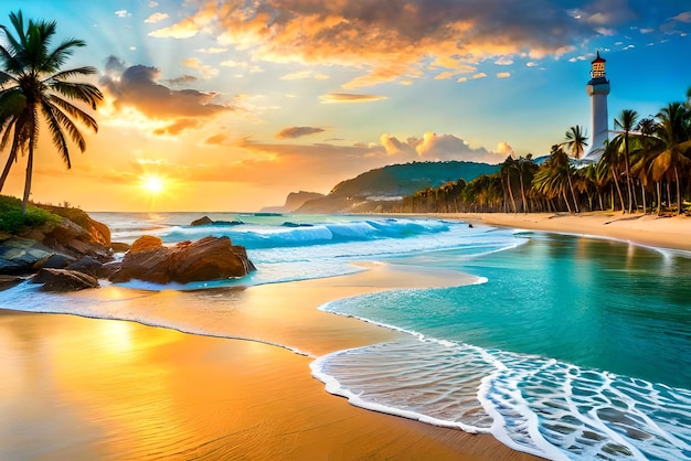 Un tramonto su una spiaggia con palme e montagne sullo sfondo.