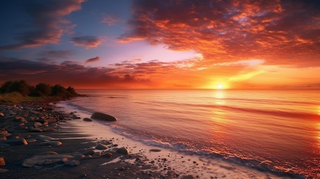 un tramonto su una spiaggia con rocce e nuvole