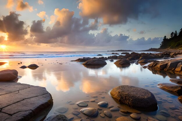 Un tramonto su una spiaggia con rocce e nuvole