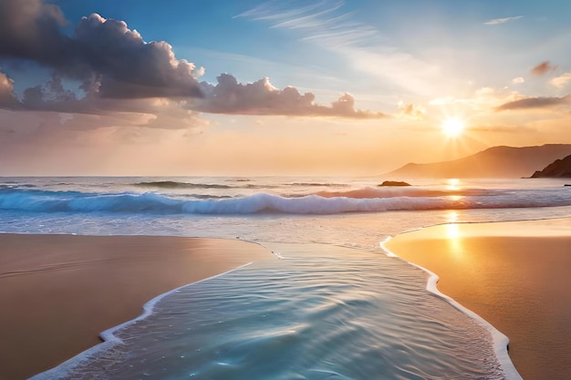 Un tramonto su una spiaggia con un cielo nuvoloso