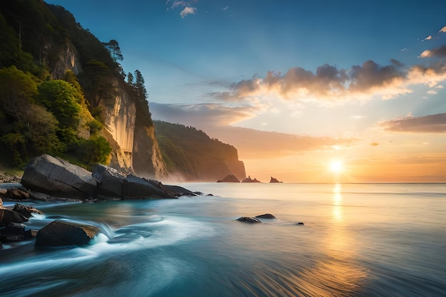 Un tramonto su una spiaggia con un fiume che scorre nell'oceano.