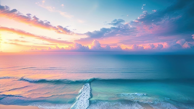 Un tramonto su una spiaggia con un'onda che si infrange sulla riva.