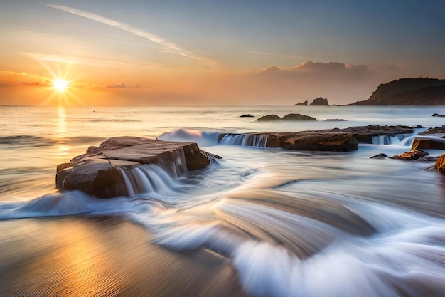 Un tramonto su una spiaggia rocciosa con acqua che scorre su rocce e onde.