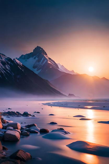 Un tramonto su una spiaggia rocciosa con le montagne sullo sfondo.