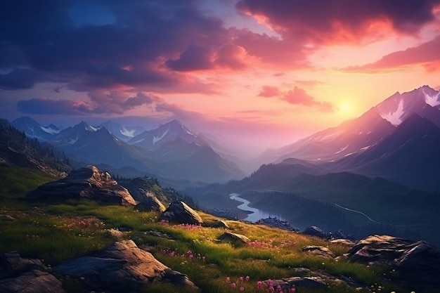 un tramonto su una valle di montagna con un fiume e montagne sullo sfondo