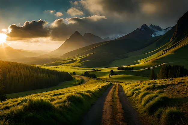 Un tramonto su una verde vallata con le montagne sullo sfondo.