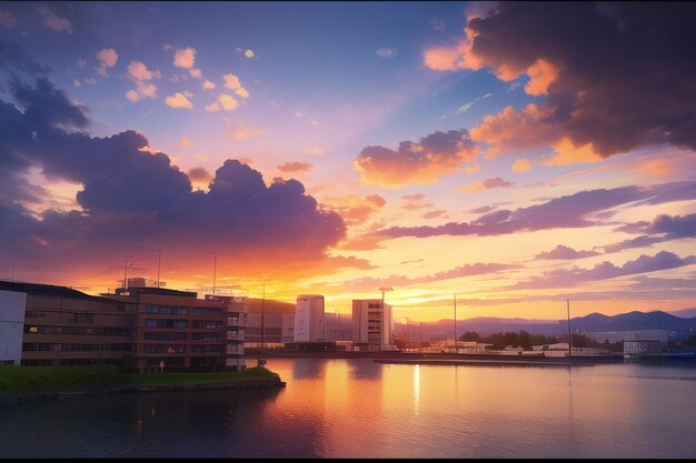 Un tramonto su uno specchio d'acqua con un edificio sullo sfondo.