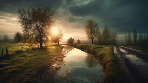 un tramonto su uno stagno con alberi e un ponte.