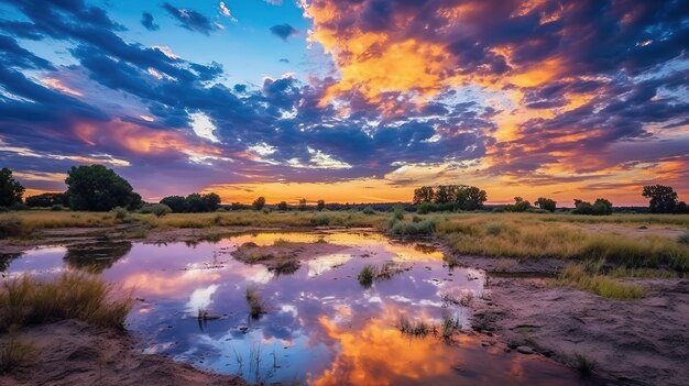 Un tramonto su uno stagno con un cielo colorato e nuvole