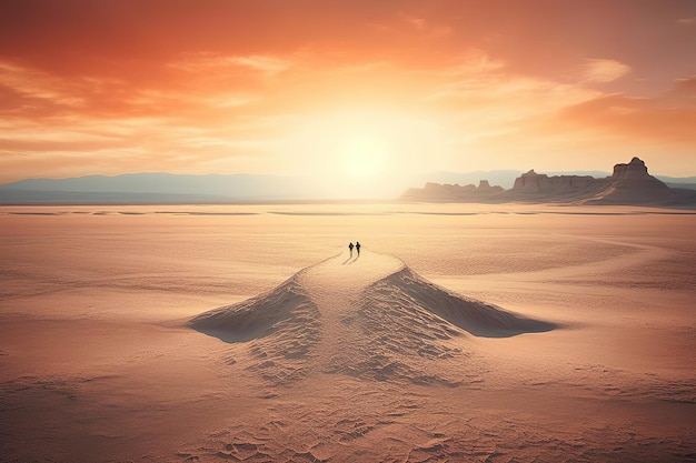 Un tramonto sul deserto con una coppia che cammina sulla sabbia.