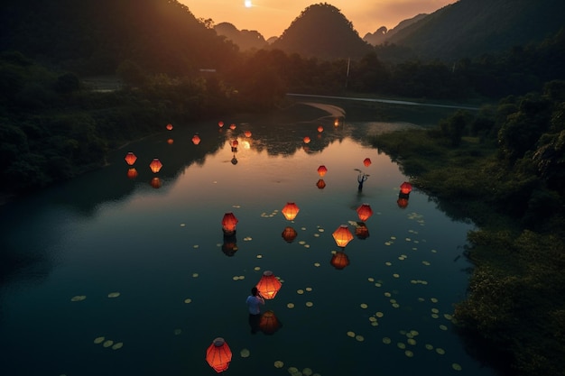 Un tramonto sul fiume con lanterne che galleggiano sull'acqua