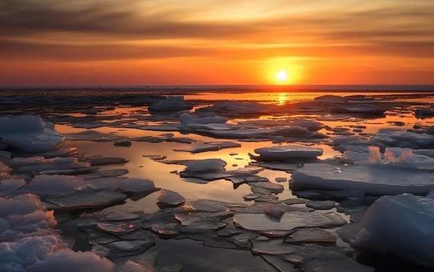Un tramonto sul ghiaccio con il sole che tramonta dietro di esso