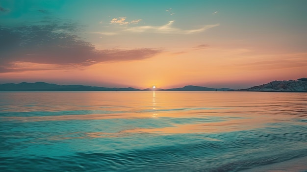 Un tramonto sul mare con un cielo azzurro e il sole che tramonta alle sue spalle