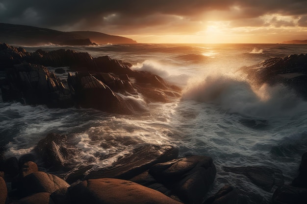 Un tramonto sull'oceano con le onde che si infrangono sugli scogli