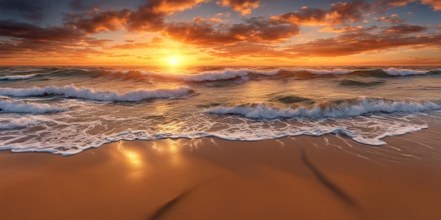 Un tramonto sull'oceano con le onde che si infrangono sulla spiaggia sabbiosa Illustrazione del paesaggio marino con cielo nuvoloso e sole al tramonto IA generativa